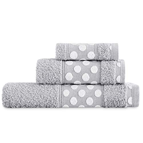 Vipalia Juego de Toallas de Baño 3 Piezas. Calidad Rizo 100% Algodón Egipcio 450 gr. Lisas. 3 Tamaños Tocador Lavabo y Ducha Sabana. Cenefa Dibujo Lunares. Color Gris Claro