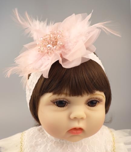 Bethynas Baby Girls Lace Feather Headband Beads Gauze Flower Elastic Toddler Hairband Birthday Party Princess Hair Accessories for Newborn Infant (Pink)