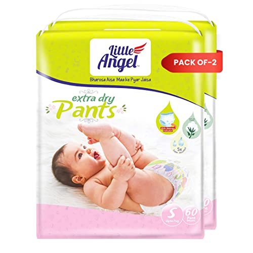 Image of Little Angel Extra Dry Baby Pants Diaper, Small (S) Size, 120 Count, Super Absorbent Core Up to 12 Hrs Protection & Wetness Indicator, Upto 7kg (60 count /pack, Pack of 6)