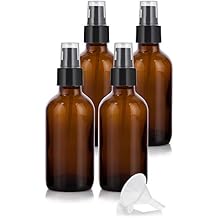JUVITUS 4 pack 4 oz Amber Glass Boston Round Bottle with Black Treatment Pump + Funnel