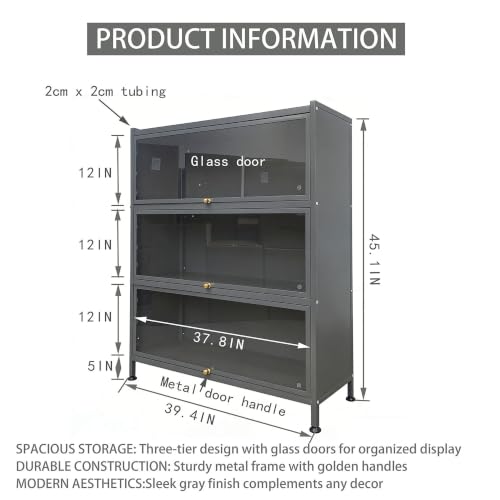 Image of 4Tier Grey Steel Freestanding Storage Display Cabinet with Flip Glass Doors