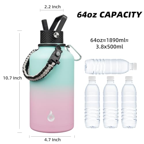 Image of BJPKPK Half Gallon Insulated Water Bottles with 3 Lids and Paracord Strap, 64oz Large, Stainless Steel Water Bottles with Straw Lid, Half Gallon Water Jug,Marshmallow