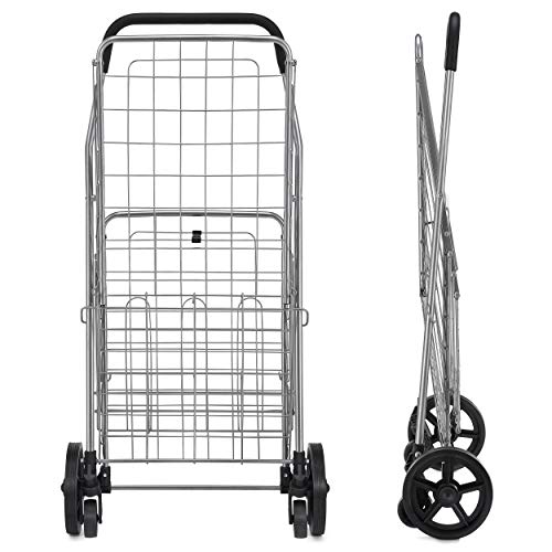 Wellmax Foldable Shopping Cart with Wheels, Folding Metal Grocery Cart with Extra Basket, Swivel Front Wheels, Lightweight & Collapsible Utility Cart for Groceries, Laundry, Seniors, Silver Color by Wellmax - Image 9