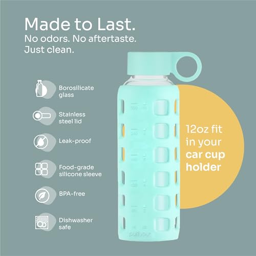 purifyou 40oz / 32oz / 22oz / 12oz Borosilicate Glass Water Bottle with Time & Volume Markers, Silicone Sleeve, Stainless Steel Lid | Reusable Glass Bottle for Water & Juice (12oz Glow-in-the-Dark)