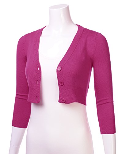 Floria Women Solid Button Down 3/4 Sleeve Cropped Bolero Cardigan Sweater Magenta L #TOP1
