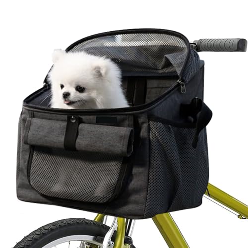 Dog Bike Basket Carrier, Foldable Soft-Sided Pet Carrier Backpack with Mesh Windows, Pet Travel Bag,Dog Backpack Carrier Safe and Easy for Small Medium Cats and Dogs (Grey)