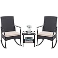 Greesum 3 Pieces Patio Furniture Set Outdoor Wicker Rocking Chairs with Glass Coffee Table for Garden Backyard Porch Poolside, Beige