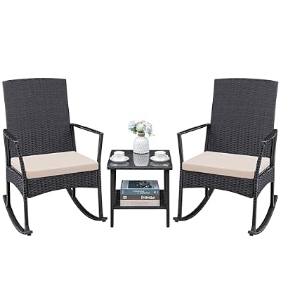 Greesum 3 Pieces Patio Furniture Set Outdoor Wicker Rocking Chairs with Glass Coffee Table for Garden Backyard Porch Poolside, Beige