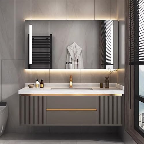 TIZAZO 40IN Bathroom Vanity - Floating Bathroom Vanities with Mirror Cabinet, Intelligent Demisting & Vanity Mirror with Lights | Striped Side Cabinet and Gold Faucet