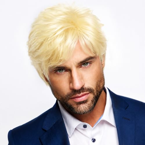 YYHR Blonde Mens Wigs Short Layered Wig Natural Fluffy Synthetic Hair Wig Heat Resistant Halloween Cosplay