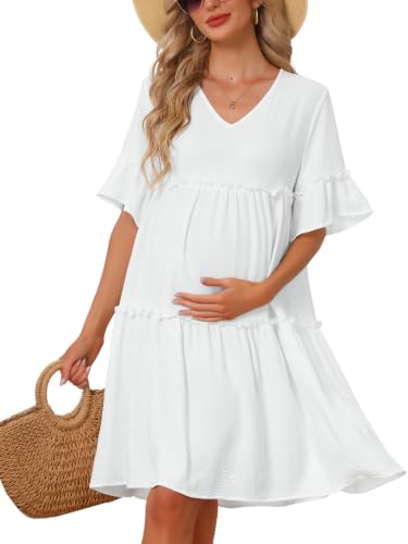 MARI GABRIEL Maternity Summer Dress Flowy Swing Midi Babydoll White