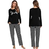 Pijama Mujer, Pijama Invierno Mujer Calentito Algodón con Mangas Largas Conjunto de Entero Pijama con Estampado Lindo 2 Piezas Pjs Lounge Wear