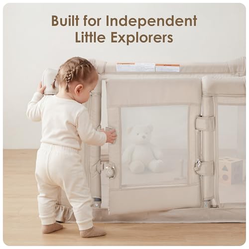 Image of Sweeby Foldable Baby Playpen, 79x71 Inch Baby Gate Playpens for Babies and Toddlers Extra Large Play Yard with Door Child Fence and Indoor Play Pen, Beige