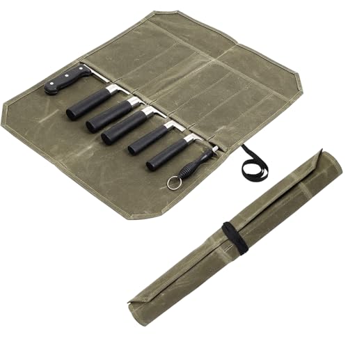 FEXPDL Chefs Knife Roll Bag - Waxed Canvas Knife Case with 7 Slots - Army Green