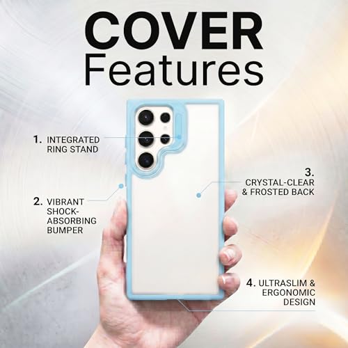 Image of amazon basics Frosted Matte Case for Samsung Galaxy S24 Ultra 5G | Built-in Flip-Out Camera Lens Stand | Translucent Back with Contrast Blue Bumper | Shockproof Protective Cover