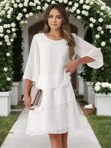Image of Seta T Women's Chiffon Dresses 3 /4 Bell Sleeve Crewneck Tiered Layered Flowy Dress Party Wedding Outfits