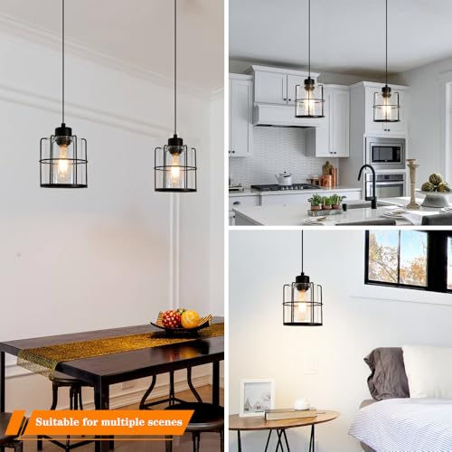 Industrial-Matte-Black-Pendant-Light-Fixtures-Farmhouse-Pendant-Lights-Kitchen-Island-Iron-Cage-Metal-Hanging-Light-Pendant-Light-Lantern-with-Clear-Glass-Shade-for-Entryway-Dining-Room-HallwayE26 Industrial Matte Black Pendant Light Fixtures Farmhouse Pendant Lights Kitchen Island Iron Cage Metal Hanging Light Pendant Light Lantern with Clear Glass Shade for Entryway Dining Room HallwayE26
