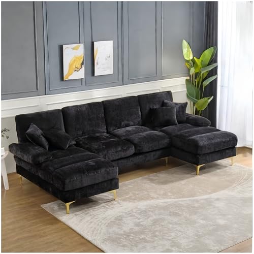 Lubvtti Sofá Moderno Grande de Chenilla en Forma de U con Asientos Dobles reclinables, sofá de Esquina, sofá 4 plazas para Sala de Estar/Dormitorio, Negro