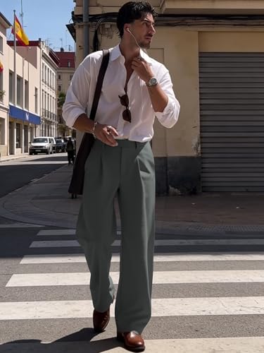 Image of JMIERR Mens Baggy Casual Dress Pants Lightweight Pleated Old Money Wide Leg Pants Loose Relaxed Fit Trousers