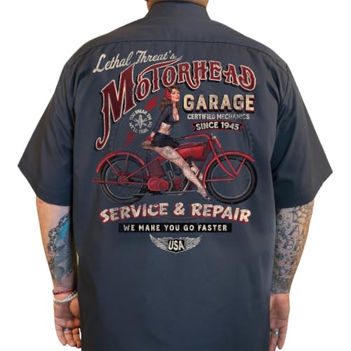 Lethal Threat Motorhead Garage Shop Mens Button Up Short Sleeve Shirt Gray XL, Gray, X-Large