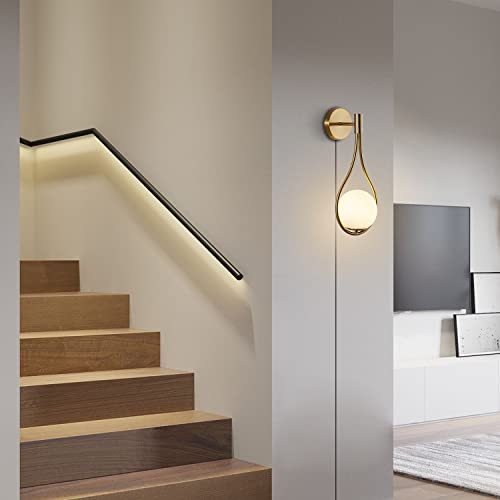 Image of KCO Lighting Plug in Mid Century Modern Brass Gold Teardrop Wall Sconce | E26 Bulb Included, Cord with ON /OFF Switch, 5.9 inch White Milk Glass Wall Light for Bathroom Bedroom Kitchen Hallway Living Room