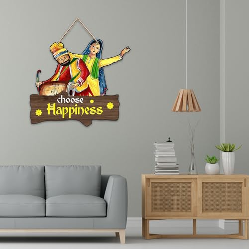 Image of Decor Smart Wooden Wall Hanging | Decorative Wall Art | Punjabi Couple Design Plaque | Choose Happiness Quote Sign | Ethnic Style Home Decor Accent | Decoration for Living Room and Entryway (DWA 8705)