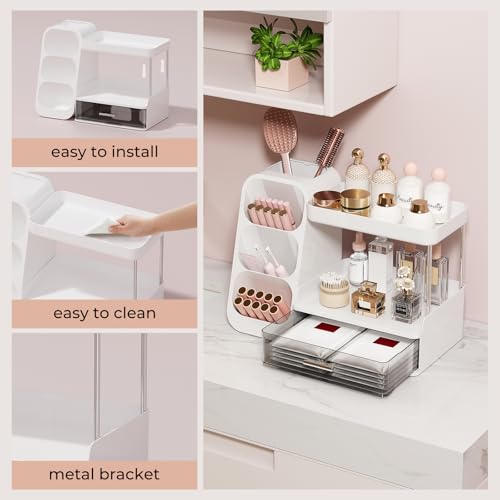Image of UFORU Makeup Organizer for Vanity with Brush Holder, 2 Tiers Countertop Skincare, Cologne Organizer and Perfume Stand for Bathroom Vanity, Large Capacity Makeup Storage, White