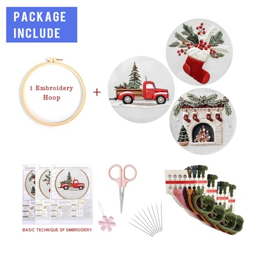 Image of EOBTAIN 3 Pcs Christmas Embroidery Kit for Beginners,Red Christmas Embroidery Kits for Adults,Cross Stitch Kits for Beginners with Pattern, Needles, Threads, Tools,Hand DIY Craft Kits for Adults