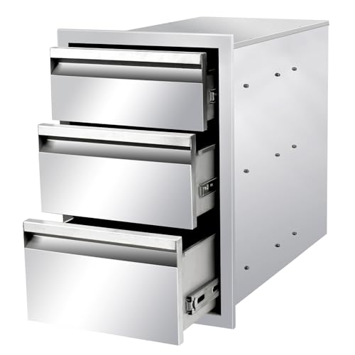 Image of Outdoor Kitchen Drawers 14 inch W x 21 inch H x 23 inch D Stainless Steel Triple Drawers with Hidden Handle for BBQ Island, Patio Grill Station & Outdoor Kitchen Cabinets