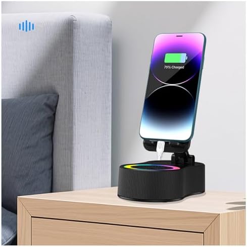 Birthday Gifts for Men Women Her Him Cell Phone Stand with Wireless Bluetooth Speaker and Charger and Colorful Ambient Light HD Surround Sound with Phones Tablets Cool Gadget for Men (Black)