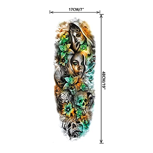 Oehok Temporary Tattoos, Extra Large Full Arm Fake Tattoos, Cool Waterproof Tattoo Stickers, Body/Leg/Arm Makeup Lasting Tattoos Sleeve For Adult/Man/Women/Girl, Fashion Black Skull Flowers Mexico 3D Realistic Temp Tattoo #TOP1