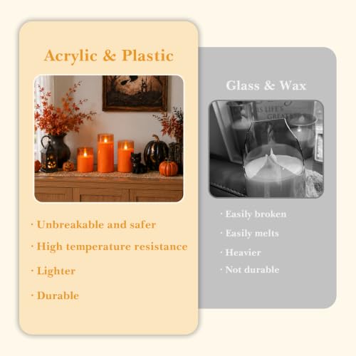 Image of Fo32won Orange LED Flameless Pillar Candles Battery Operated with Remote Timer, 5 Pack 3D Flickering Acrylic Candles for Fall Halloween Thanksgiving Christmas Home Fireplace Party Decor & Gift