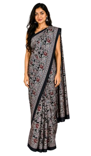 Image of Ethnics of Kutch Womenss Ajrakh Modal Silk Natural Dye Hand Block Print Saree with Blouse Piece - 5.5 Mtr Length (Black 03601D)