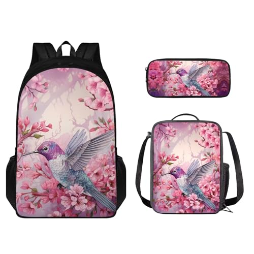 Set di 3 zaini per la scuola con borsa per il pranzo e scatola per matite carino studente bookbag ragazzi ragazze zaino leggero Colibrì Cherry Blossom - Rosa Taglia unica Set di per