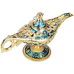 Lampara Arabe Azul F Fityle Estatua Lámpara Mito Deseando Luces Pantalla con Tapa Extraíble Decoración Olla Lámpara de Aceite Lámpara de Accesorios Árabes para Fiesta, Azul áureo