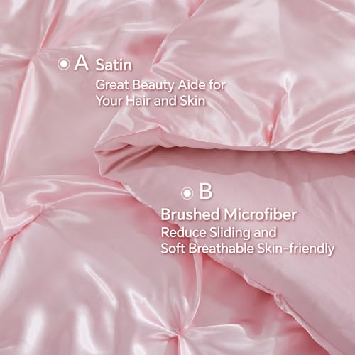 Image of BEDELITE Satin Comforter Set Queen Size, 7 Pieces Pintuck Bed in A Bag with Comforter, Flat Sheet, Fitted Sheet, Pillowcases, Shams, Soft Cozy Similar to Silk Bed Set for All Seasons (Pink)