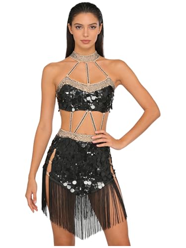 Robe danse latine et salsa à paillettes et franges pour femme