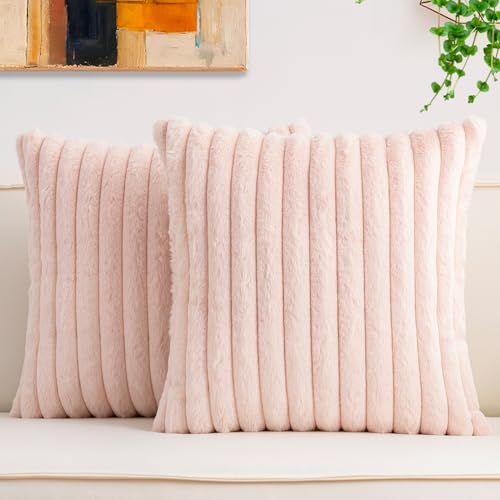 Aegero Pack of 2 Faux Fur Christmas Throw Pillow Covers 18x18 Inch, Soft Plush Striped Neutral Couch Pillow Cover, with Velvet Back Modern Home Decor for Sofa Living Room Couch Bed Light Pink