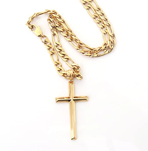 Image of ADORATO JEWELRY 24K Gold Figaro Chain Style Cross Pendant Necklace 5MM Cross Necklace Clasp for MEN, HUSBAND Thin for Charms Miami Cuban Link Diamond Cut Religious Beveled Edge