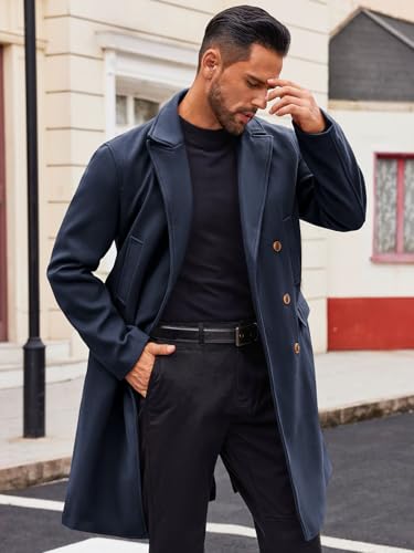 Image of Runcati Mens Trench Coat Notch Lapel Slim Fit Double Breasted Casual Long Business Pea Coat Overcoat