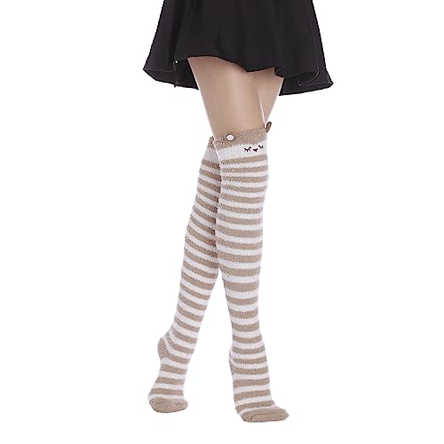 Image of Thigh High Fuzzy Socks Cute Animal Coral Fleece Over the Knee Thigh High Long Stockings Warm Stripe