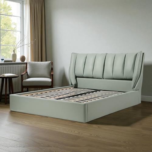 Image of The Attic Rivera Modern Queen Size Hydraulic Storage Bed with Soft Cushion Headboard Sage Green