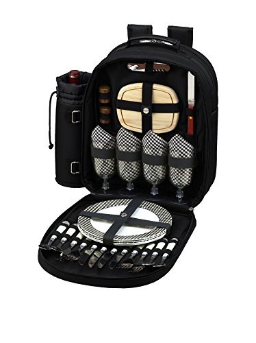 Picnic at Ascot - Deluxe Equipped 4 Person Picnic Backpack with Cooler & Insulated Wine Holder - Black