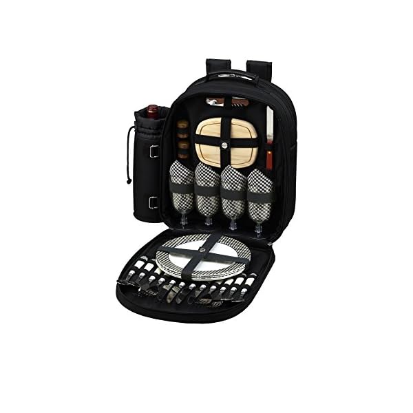 Picnic at Ascot - Deluxe Equipped 4 Person Picnic Backpack with Cooler & Insulated Wine Holder - Black
