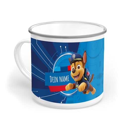 PICANOVA PAW Patrol Chase Tasse mit Name – Personalisierte Geschenke Kinder – Individuell Kindertasse Emaille 300 ml – Dauerhaft Paw Patrol Becher Ideal für Jungen