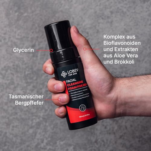 LOBEY Reinigungsschaum für Männer – Sanfte Gesichtsreinigung mit BioDtox, Glycerin & Tasmanischem Pfeffer – Für Empfindliche Haut & nach der Rasur – Natürlich & Erfrischend (150 ml)