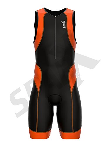 SPARX Mens Performance Triathlon Suit Race Tri Suit 2 Pockets UV Protective Italian Fabric | Swim-Bike-Run | Trisuit (Black/Orange, XL)