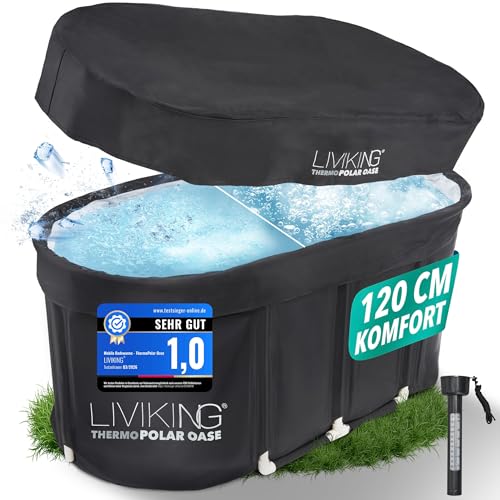 LIVIKING® Eisbad + Faltbare Badewanne Erwachsene [120 cm - 2in1 KOMFORT KOMPLETTSET] Eisbaden Tonne, Mobile Badewanne Outdoor & Eistonne – Jetzt Eintauchen! (ThermoPolar Oase, schwarz)