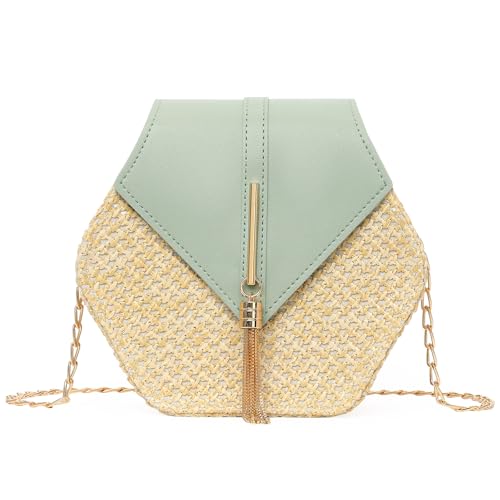 GOIACII Straw Women's Crossbody Bag Summer Shouler Small Purse Beach Bag with Metal Chain Tassel