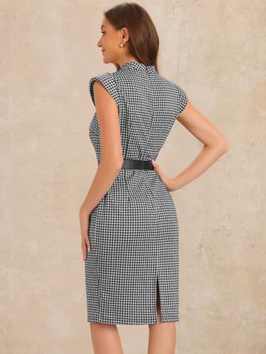Allegra K Dressy Casual Sheath Dress for Women's Mock Neck Shoulder Pad Belt Houndstooth Dress3